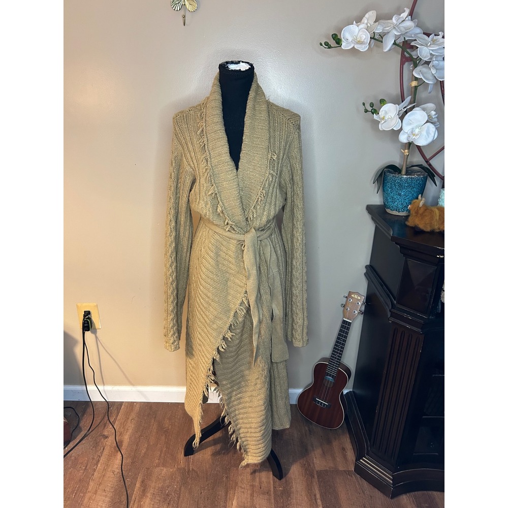 INC International Concepts Tan Ribbed Fringe Duster Cardigan Sweater Large